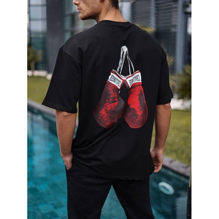 Unisex Bisiklet Yaka Baskılı Oversize T-Shirt - Siyah