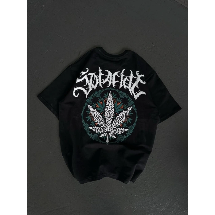 Unisex Bisiklet Yaka Baskılı Oversize T-Shirt - Siyah