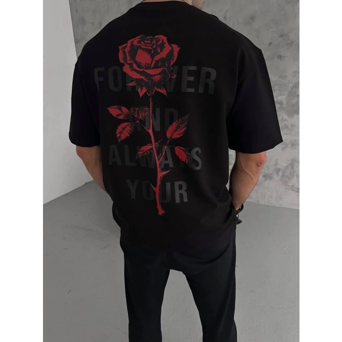 Unisex Bisiklet Yaka Baskılı Oversize T-Shirt - Siyah