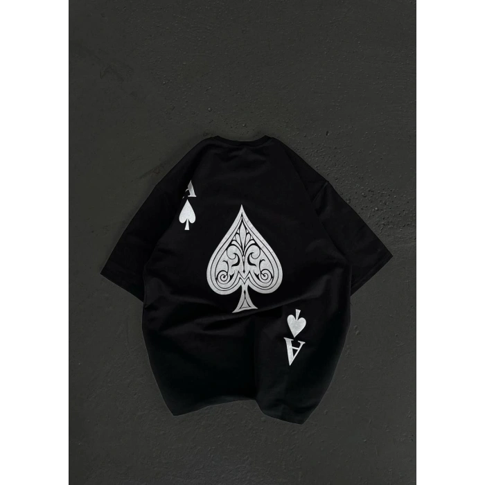 Unisex Bisiklet Yaka Baskılı Oversize T-Shirt - Siyah