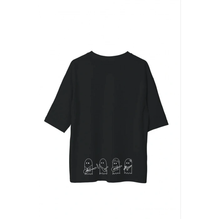 Unisex Bisiklet Yaka Baskılı Oversize T-Shirt - Siyah