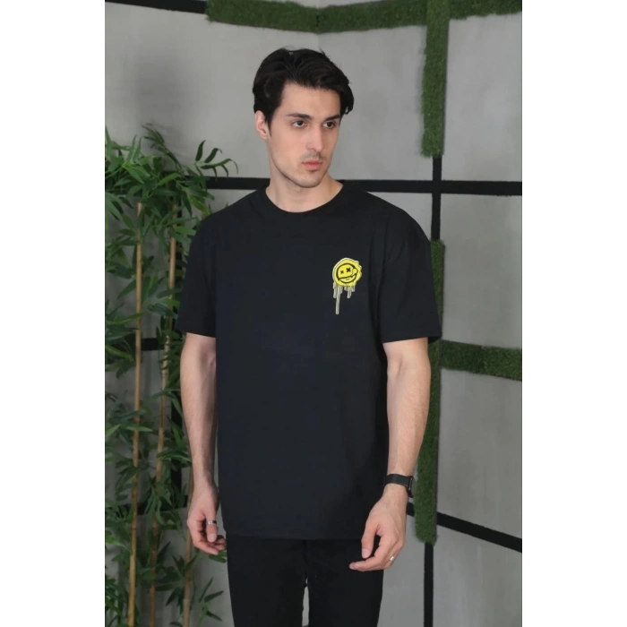 Unisex Bisiklet Yaka Baskılı Oversize T-Shirt - Siyah