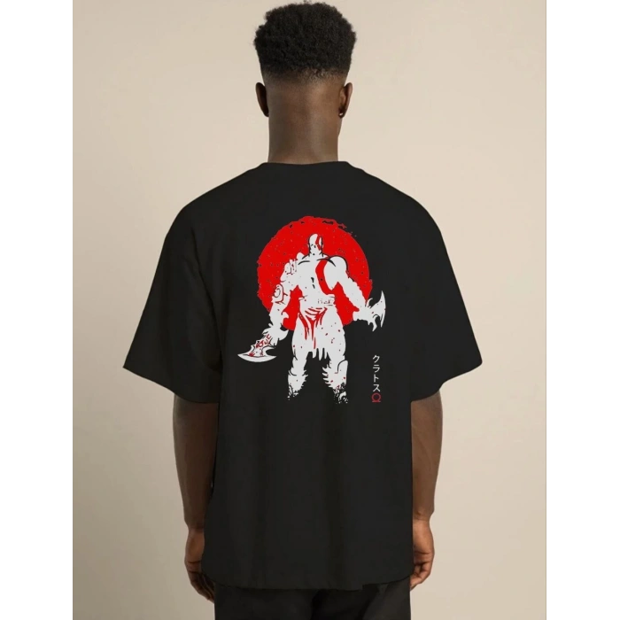 Unisex Bisiklet Yaka Baskılı Oversize T-Shirt - Siyah