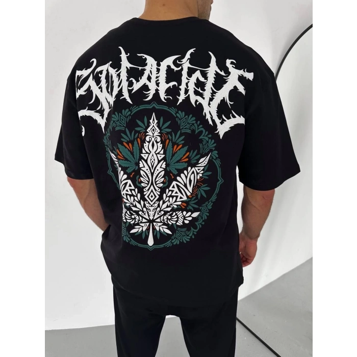 Unisex Bisiklet Yaka Baskılı Oversize T-Shirt - Siyah