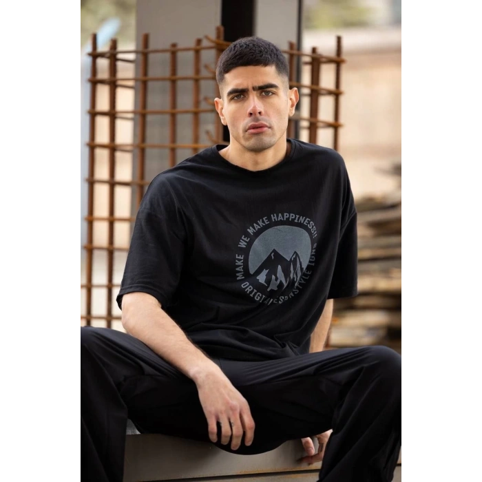 Unisex Bisiklet Yaka Baskılı Oversize T-Shirt - Siyah