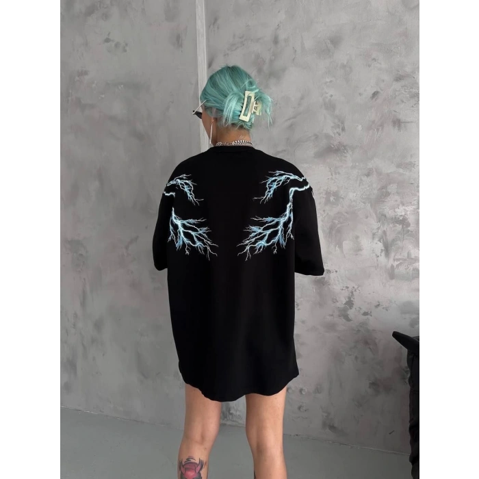 Kadın Bisiklet Yaka Baskılı  Kısa kol Oversize T-Shirt - Siyah