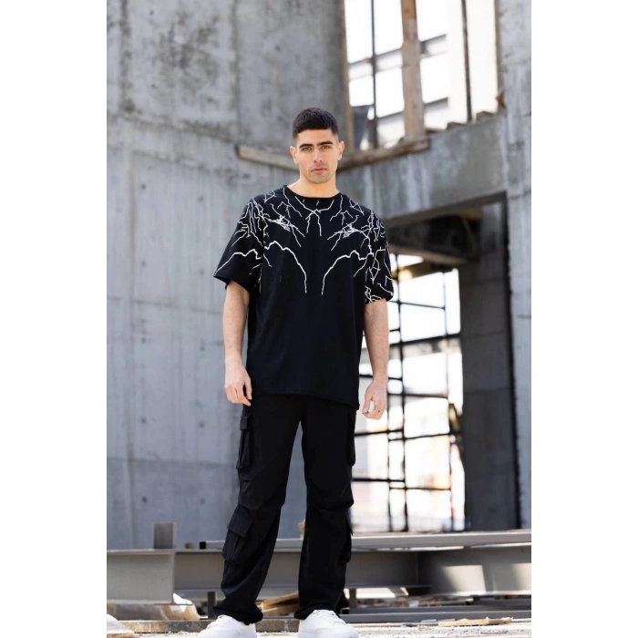 Unisex Bisiklet Yaka Baskılı Oversize T-Shirt - Siyah