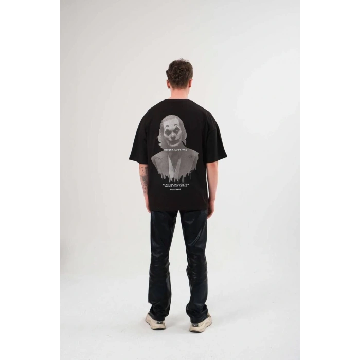 Unisex Bisiklet Yaka Baskılı Oversize T-Shirt - Siyah