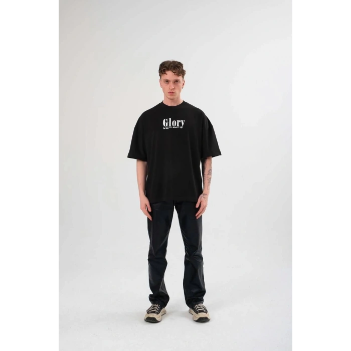 Unisex Bisiklet Yaka Baskılı Oversize T-Shirt - Siyah