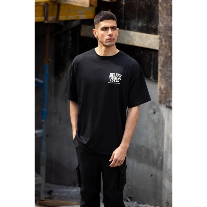 Unisex Bisiklet Yaka Baskılı Oversize T-Shirt - Siyah