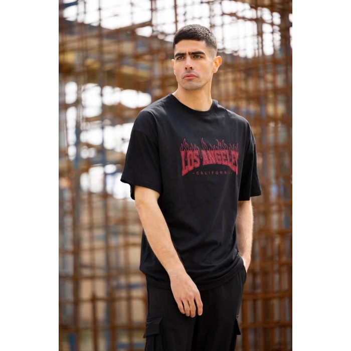 Unisex Bisiklet Yaka Baskılı Oversize T-Shirt - Siyah