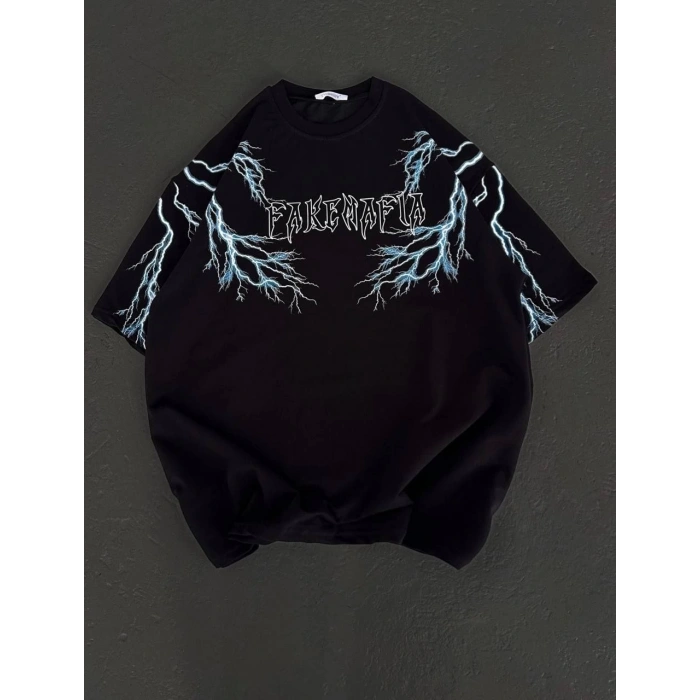 Kadın Bisiklet Yaka Baskılı  Kısa kol Oversize T-Shirt - Siyah