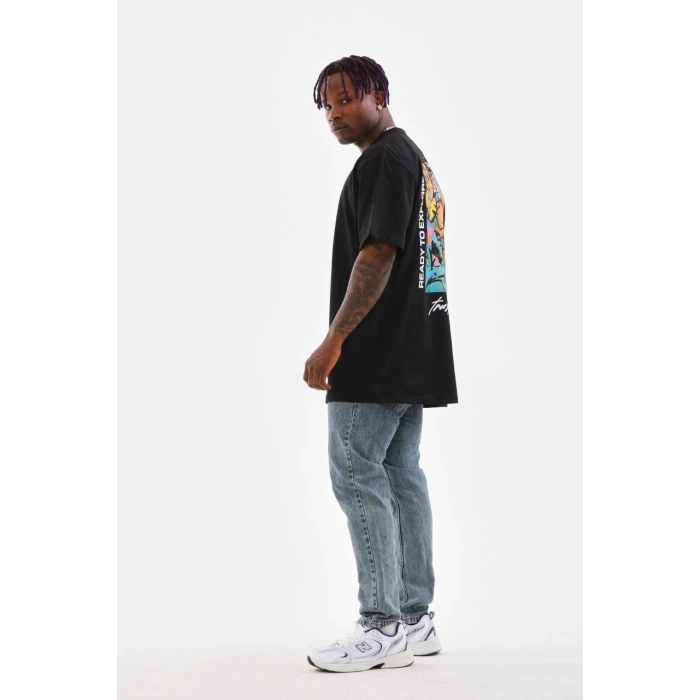 Unisex Bisiklet Yaka Baskılı Oversize T-Shirt - Siyah