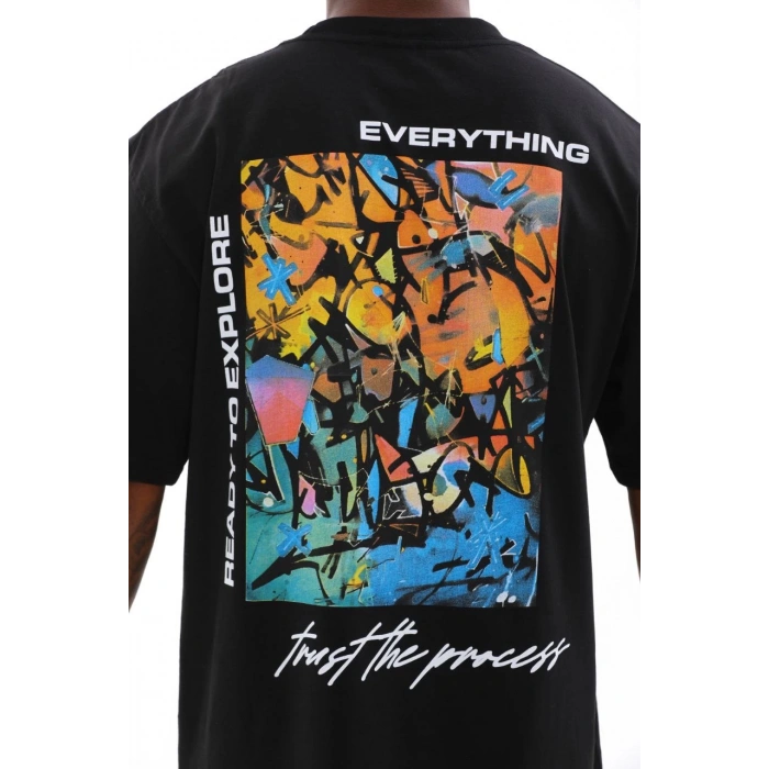 Unisex Bisiklet Yaka Baskılı Oversize T-Shirt - Siyah