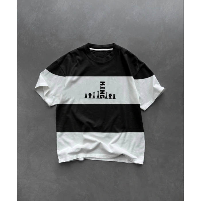 Unisex Bisiklet Yaka Baskılı Parçalı Oversize T-Shirt - Siyah