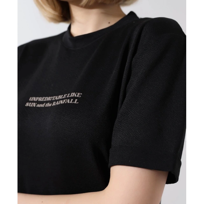 Unisex Bisiklet Yaka Baskılı Slim Fit T-Shirt - Siyah