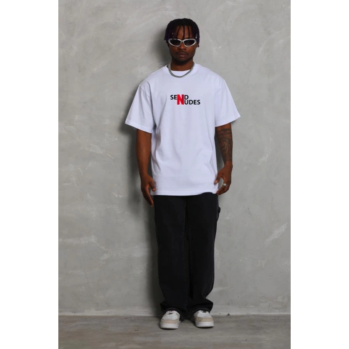 Unisex Bisiklet Yaka Double Oversize Baskılı T-Shirt - Beyaz