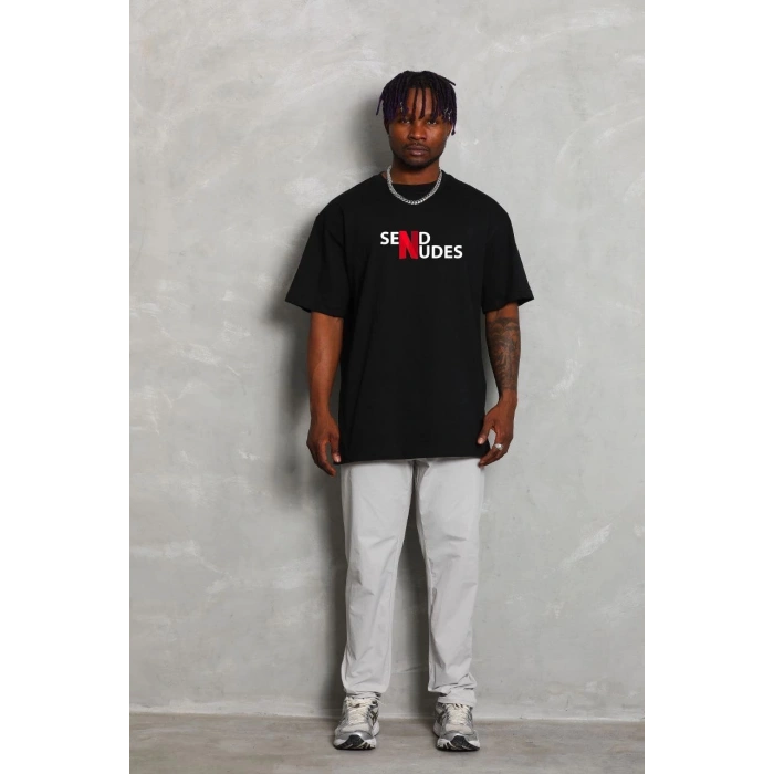 Unisex Bisiklet Yaka Double Oversize Baskılı T-Shirt - Siyah