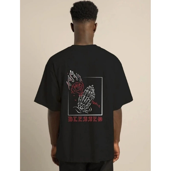 Unisex Bisiklet Yaka Oversize Baskılı T-Shirt - Siyah