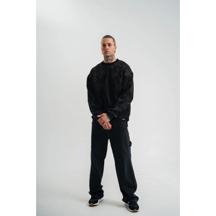 Unisex Bisiklet Yaka Özel Pis Dikişli Yıkamalı SweatShirt - Siyah