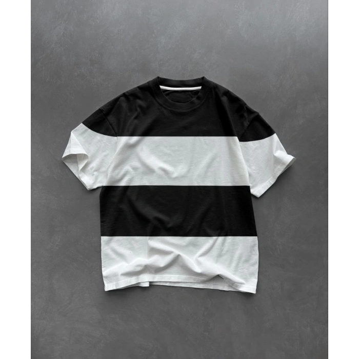 Unisex Bisiklet Yaka Parçalı T-Shirt - Siyah