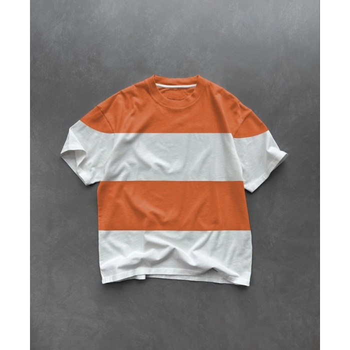 Erkek  Kısa kol  Bisiklet Yaka Parçalı T-Shirt - Turuncu