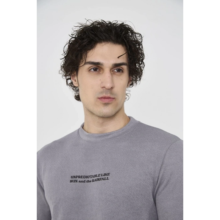 Unisex Bisiklet Yaka Slim fit T-Shirt- Gri