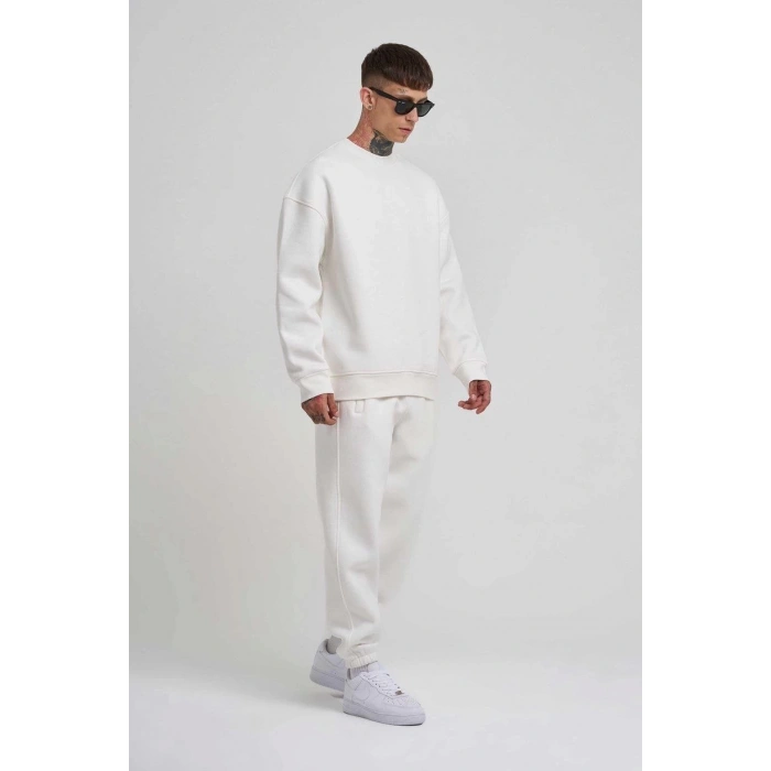 Unisex Biskilet Yaka Üç İplik SweatShirt - Beyaz