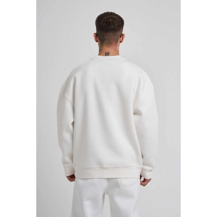 Unisex Biskilet Yaka Üç İplik SweatShirt - Beyaz