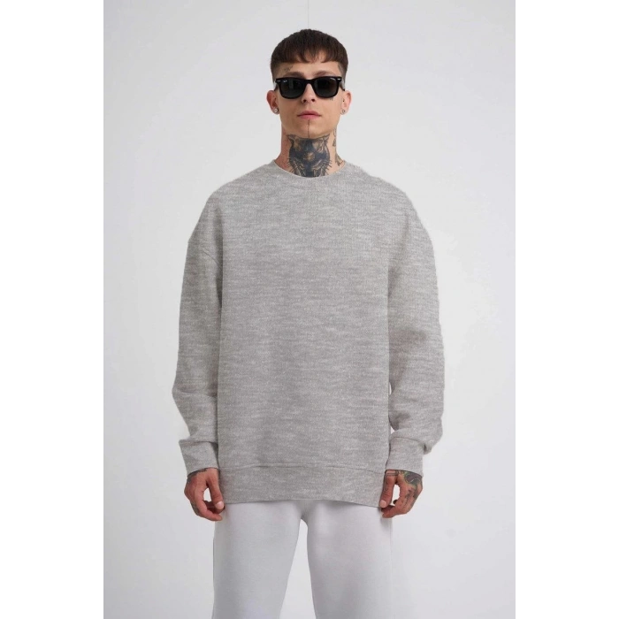 Unisex Biskilet Yaka Üç İplik SweatShirt - Gri