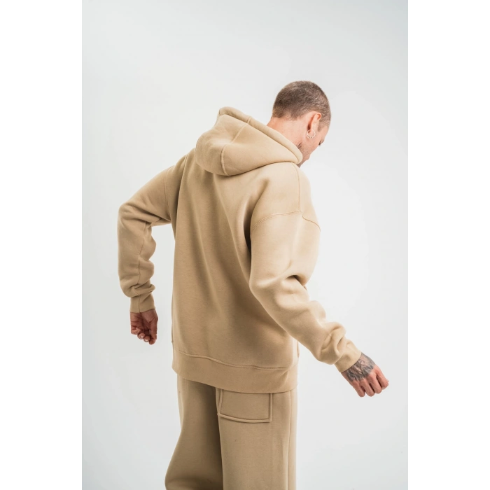 Unisex Double Oversize Kapşonlu Basic SweatShirt - Bej