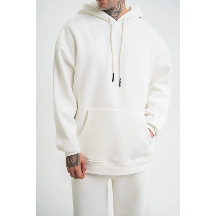 Unisex Double Oversize Kapşonlu Basic SweatShirt - Beyaz