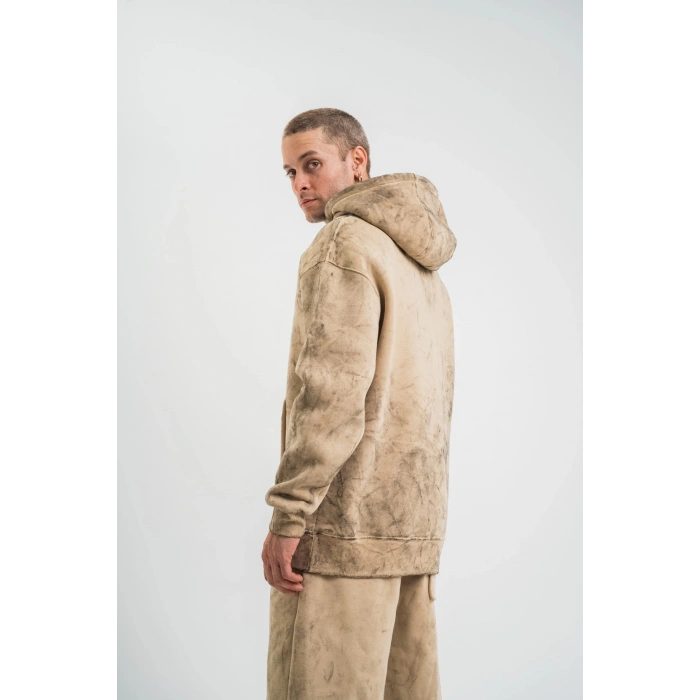 Unisex Double Oversize Kapşonlu Yıkamalı SweatShirt - Bej