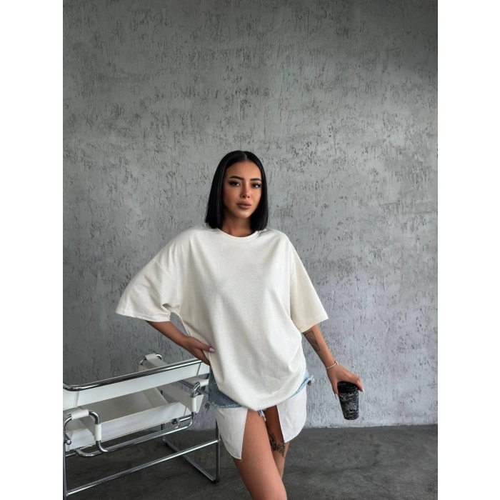 Unisex Düz Biskilet Yaka Oversize T-shirt - Beyaz