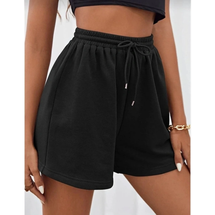 Kadın İki İplik Düz Oversize Şort - Siyah