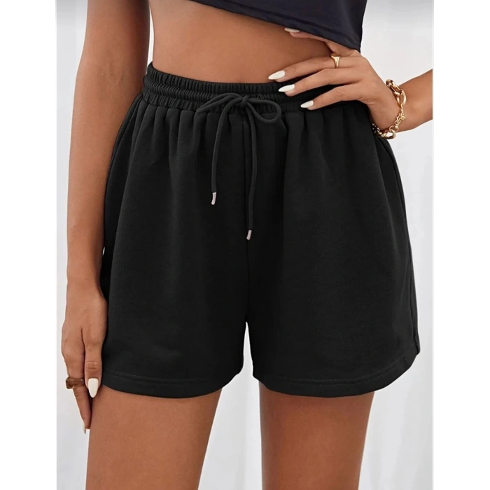 Kadın İki İplik Düz Oversize Şort - Siyah