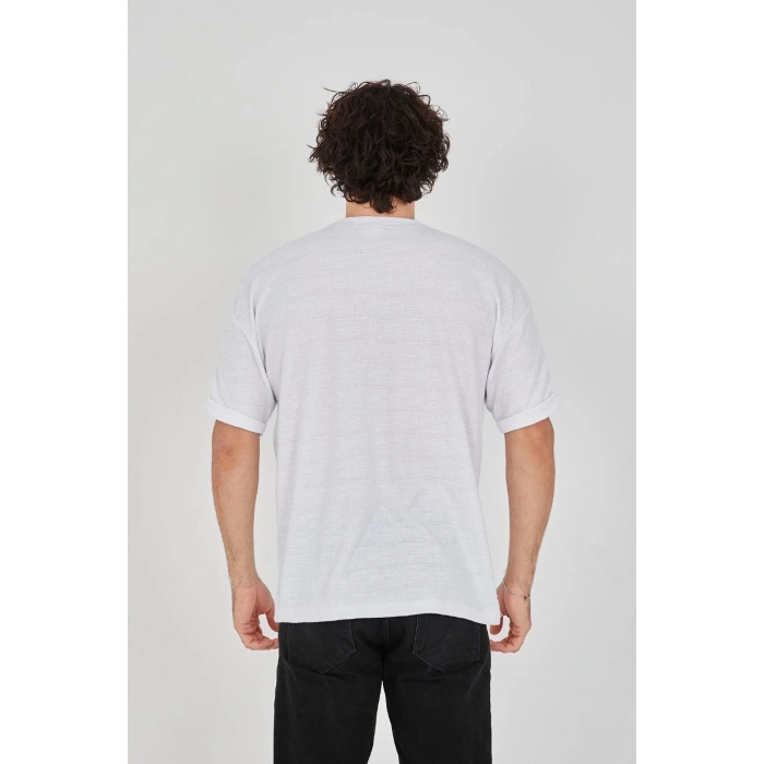 Unisex Jakar Kumaş Rahat Kol T-Shirt - Beyaz