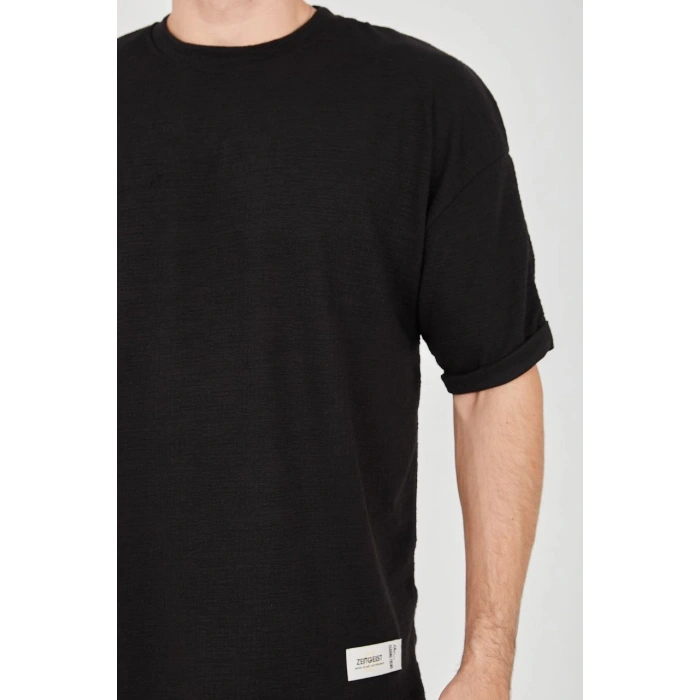 Unisex Jakar Kumaş Rahat Kol T-Shirt - Siyah