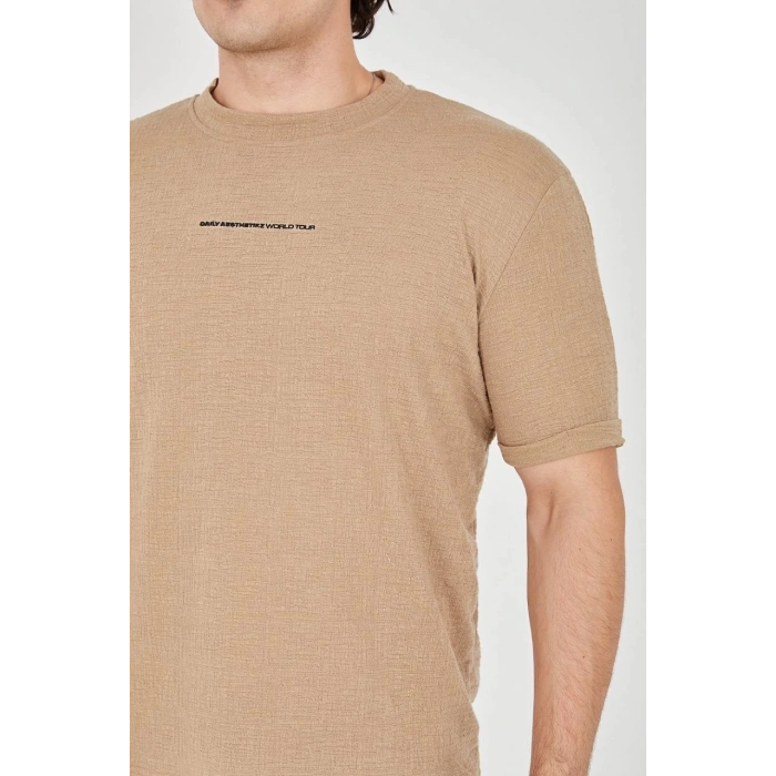 Unisex Jakar Kumaş Slim Fit T-Shirt - Kahverengi