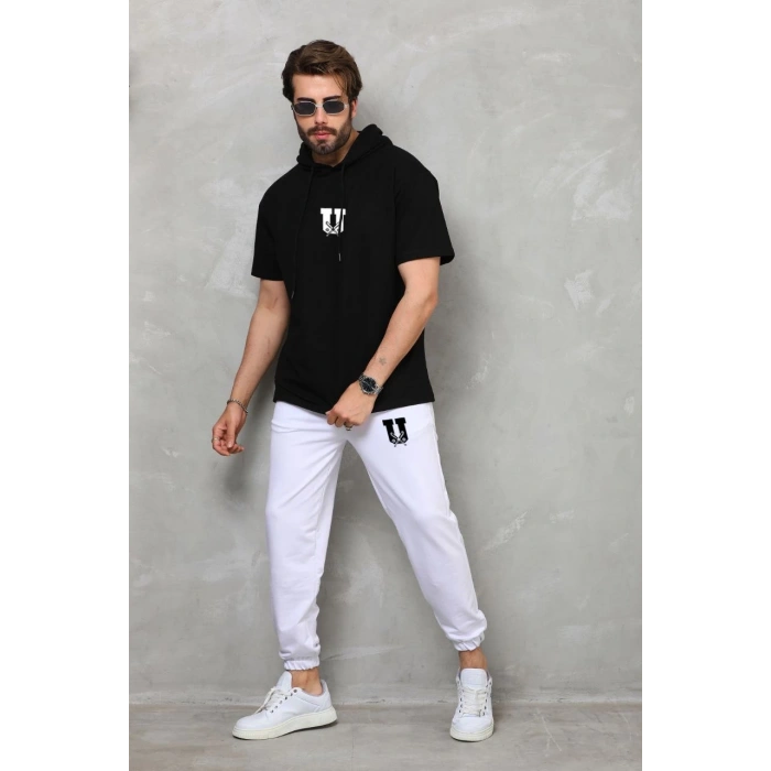 Erkek  Kapşonlu Oversize T-Shirt Takım - Siyah