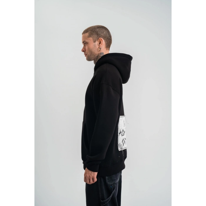Unisex Kapşonlu Uzun Kol Patchli Nakışlı SweatShirt - Siyah