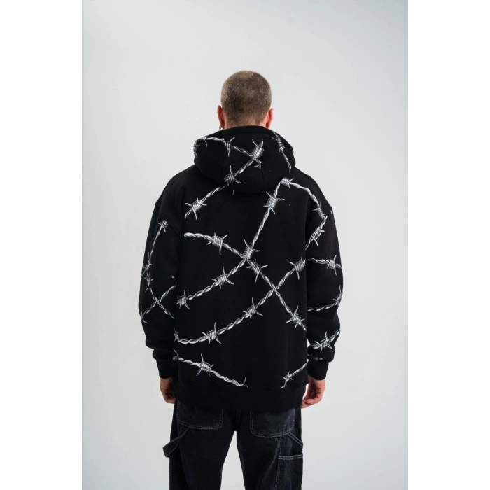 Unisex Kapşonlu Varak ve Pano Baskılı SweatShirt- Siyah