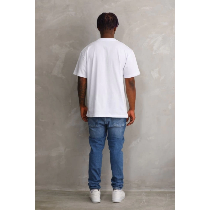 Unisex Kuşgözü Detaylı Baskılı Oversize T-Shirt - Beyaz