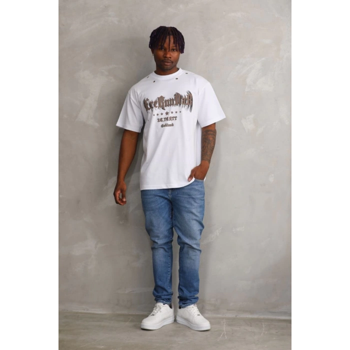 Unisex Kuşgözü Detaylı Baskılı Oversize T-Shirt - Beyaz