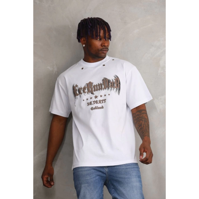 Unisex Kuşgözü Detaylı Baskılı Oversize T-Shirt - Beyaz