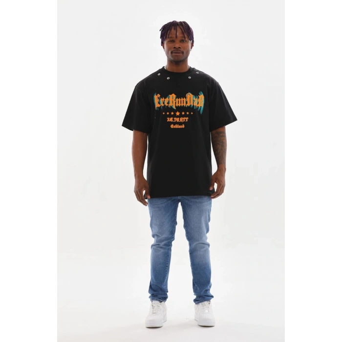 Unisex Kuşgözü Detaylı Baskılı Oversize T-Shirt - Siyah