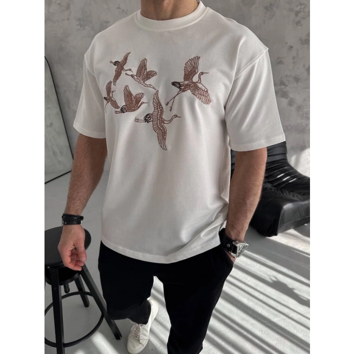 Unisex Nakış İşlemeli T-Shirt - Beyaz