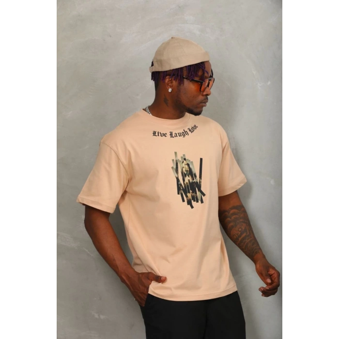 Unisex Oversize Baskılı Bisiklet Yaka T-Shirt - Bej