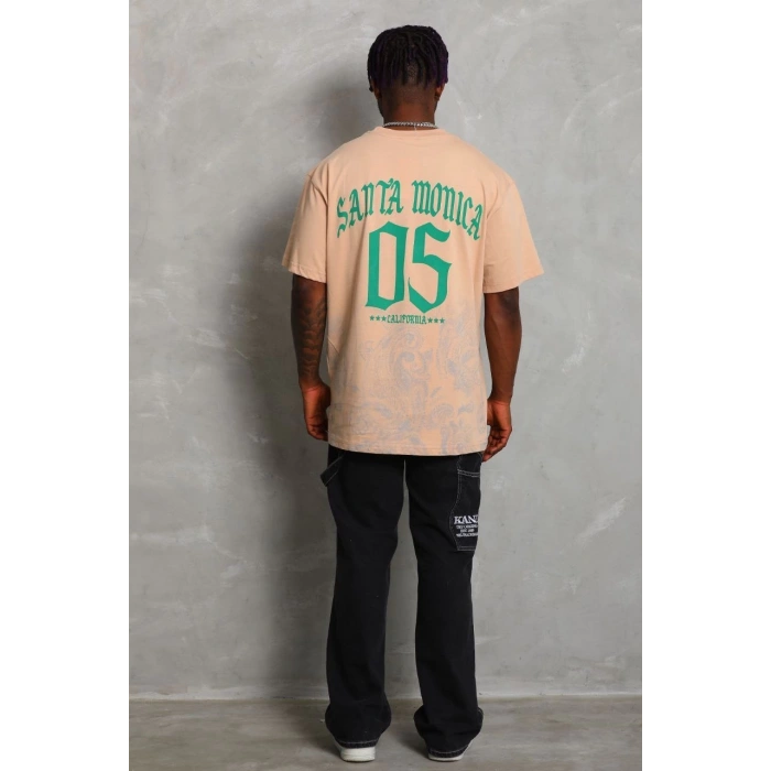 Unisex Oversize Baskılı Bisiklet Yaka T-Shirt - Bej