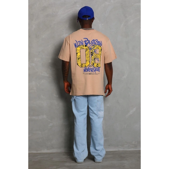 Unisex Oversize Baskılı Bisiklet Yaka T-Shirt - Bej